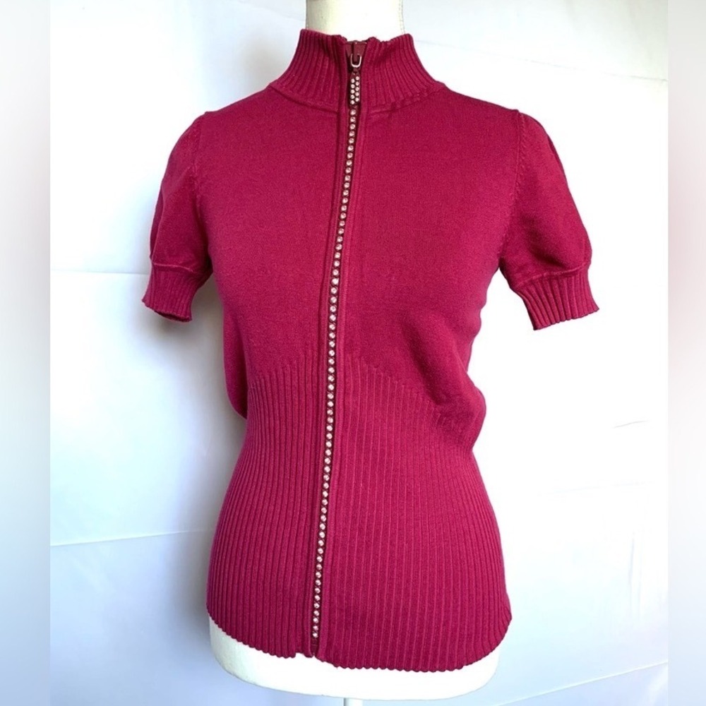 Short Sleeve Ribbed Knit Sweater Pink Rhinestone Zip Mock Neck Small Belldini